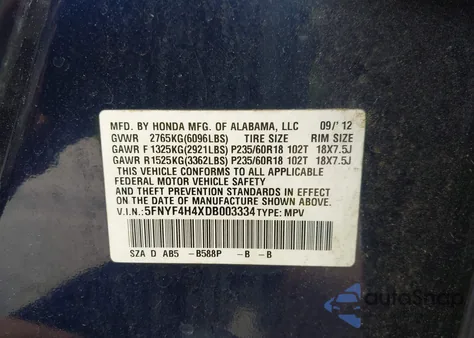 2013 Honda Pilot Ex from USA, damaged, VIN 5FNYF4H4XDB003334